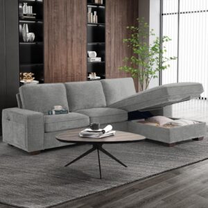 EASELAND 101“ Convertible Sectional Sofa, 3-Seat L Shape Couch for Living Room, Chenille Modern Comfy Sofa with Reversible Storage Chaise for Bedroom, Deep Seat Sofa with Removable Cover (Grey)