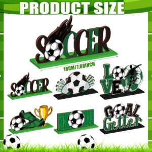 Suzile 6 Pcs Soccer Ball Table Wooden Decorations Green Black Table Centerpiece Sign Soccer Football Theme Party Detachable Tabletop Decor Photo Props for Boys Kids Birthday Party Supplies