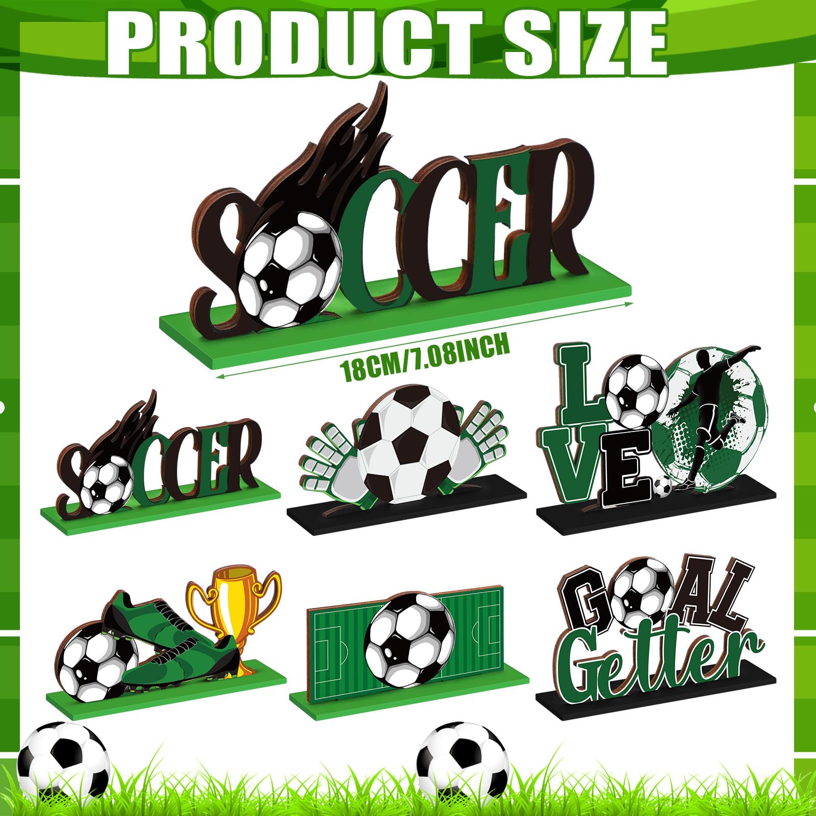 Suzile 6 Pcs Soccer Ball Table Wooden Decorations Green Black Table Centerpiece Sign Soccer Football Theme Party Detachable Tabletop Decor Photo Props for Boys Kids Birthday Party Supplies