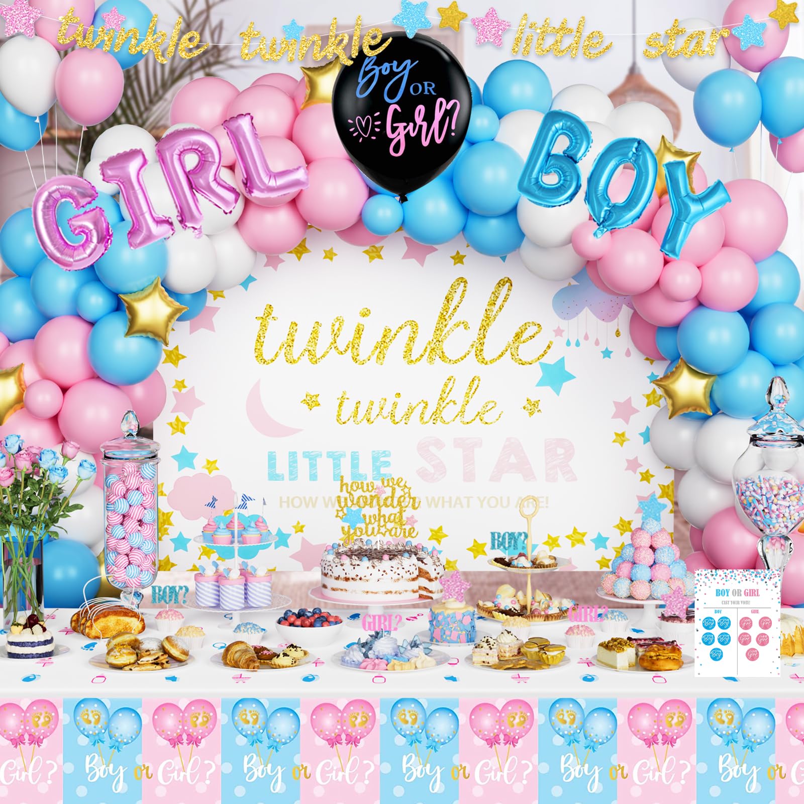 Hombae Twinkle Twinkle Little Star Gender Reveal Decorations, Star Boy or Girl Gender Reveal Decorations Balloon Garland Banner Tablecloth Box Cutout Backdrop Cake Cupcake Topper Poster Sash 172 PCs