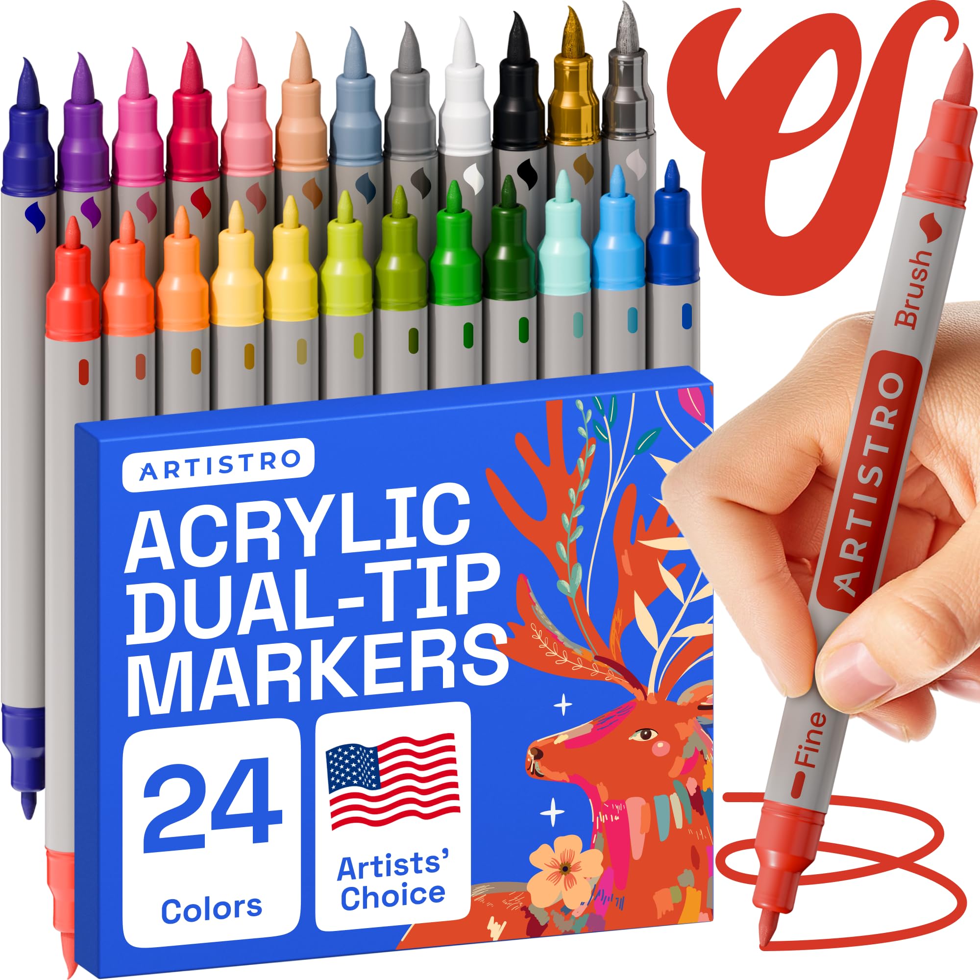 ARTISTRO Dual Tip Acrylic Paint Markers - Easy for All Ages & Levels Acrylic Paint Pens for Fabric, Rocks, Paper, Wood, Canvas, Glass, DIY (Dual Tip Brush + Fine, 24)