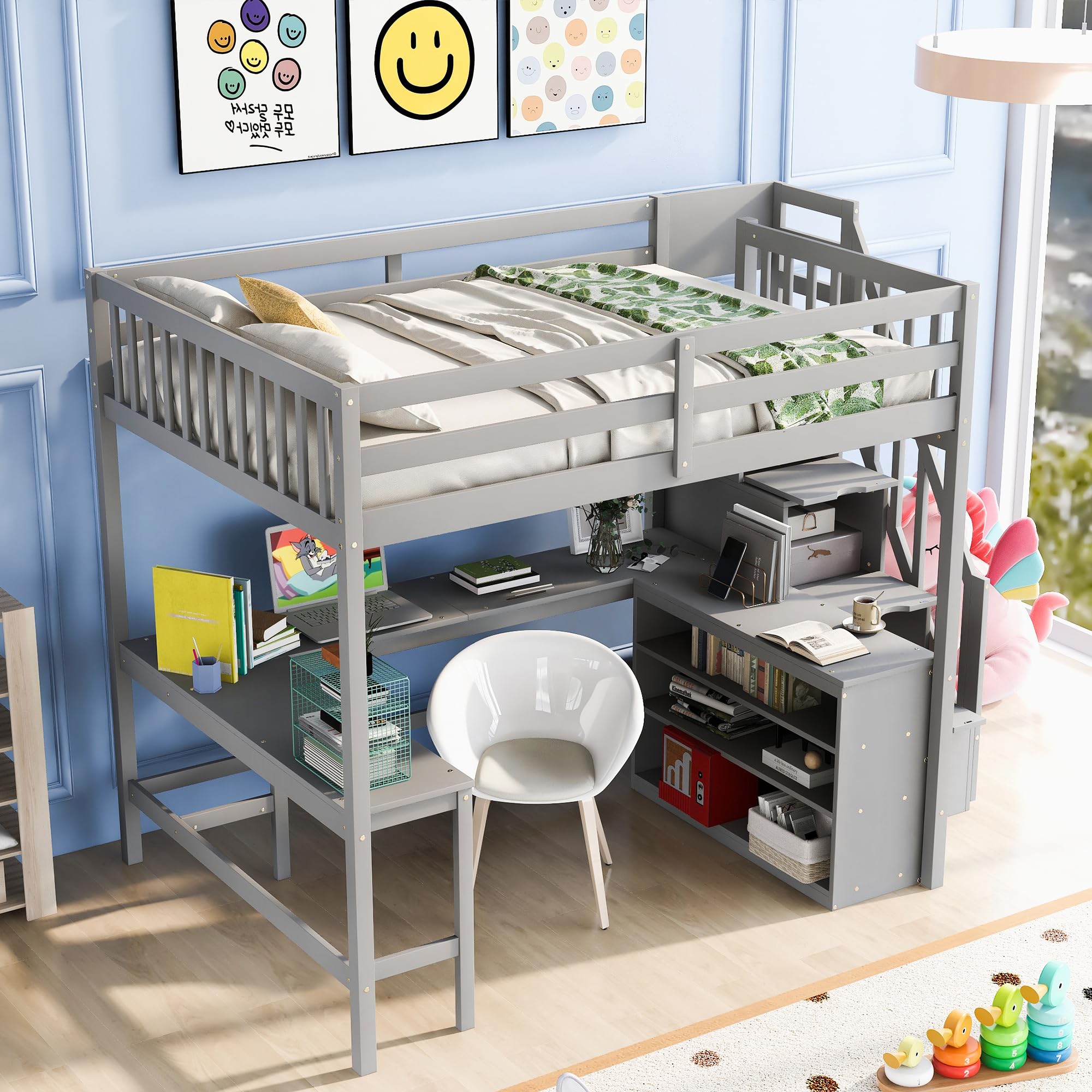 Harper & Bright Designs Full Loft Bed with Desk and Storage Shelves, Wood Full Size Loft Bed with Storage Staircase, High Loft Bed Full with Slat Support for Kids, Boys,Girls,Teens, Adults, Grey