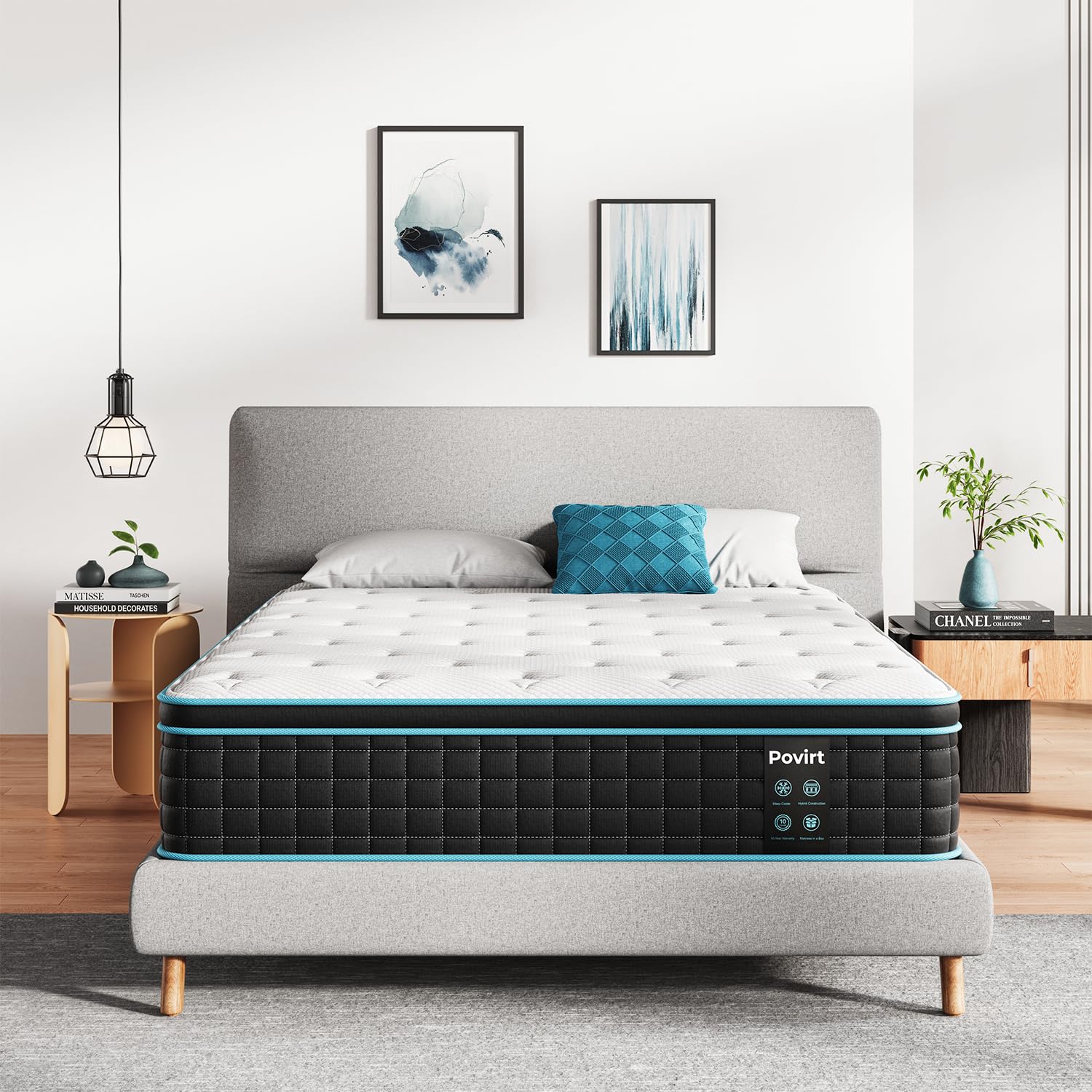 Povirt Queen Mattress 12 Inch, Pocket Spring Hybrid Queen Size Mattress in a Box, Memory Foam and Innerspring Mattress for Pressure Relief, Medium Firm Feel, 60 * 80 * 12 inch