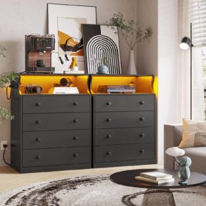 Hasuit Black Dresser with Charging Station, 4 Drawers LED Dresser for Bedroom, Chest of Drawers with Open Space, Large Capacity Tall Storage Cabinet, Black Dresser for Bedroom