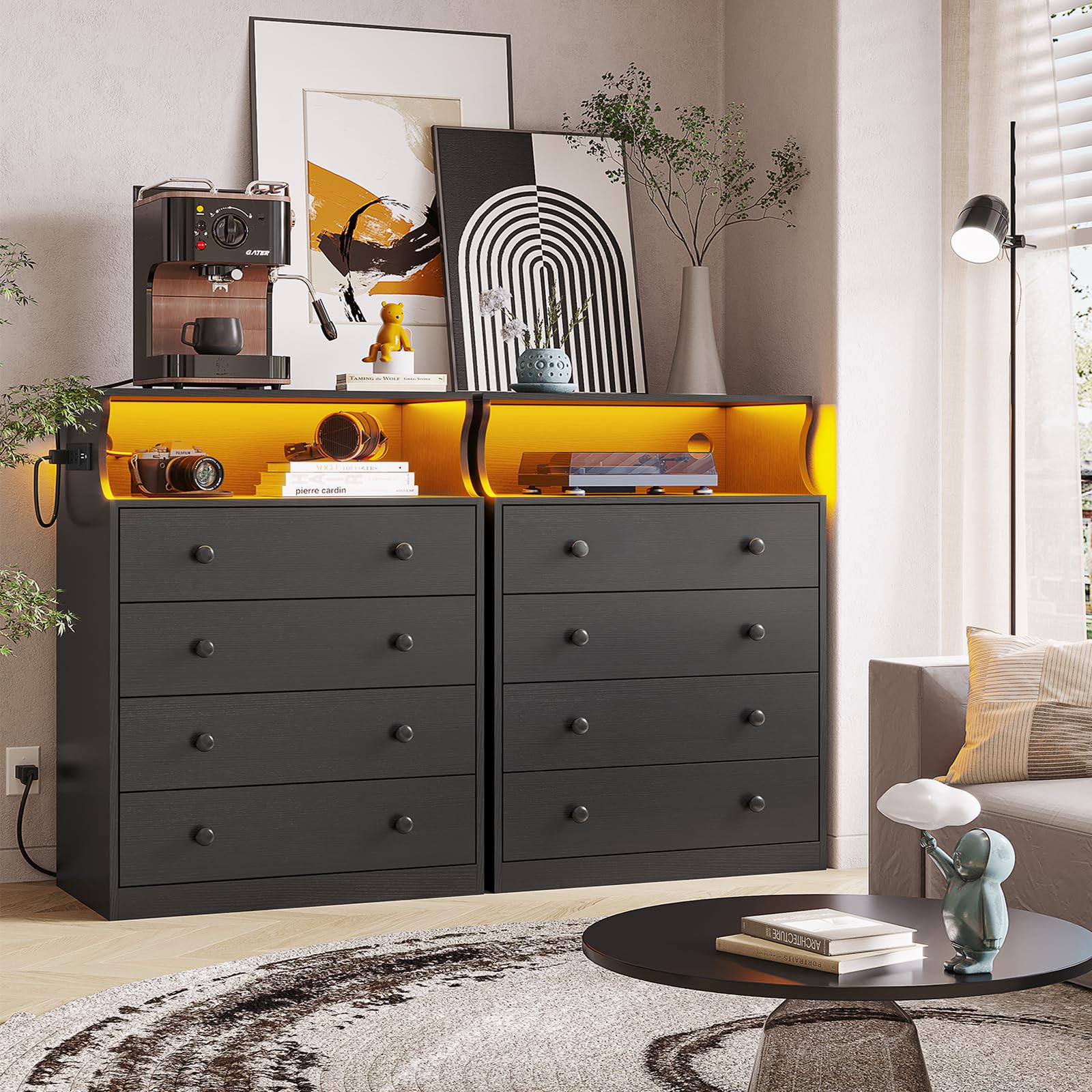 Hasuit Black Dresser with Charging Station, 4 Drawers LED Dresser for Bedroom, Chest of Drawers with Open Space, Large Capacity Tall Storage Cabinet, Black Dresser for Bedroom