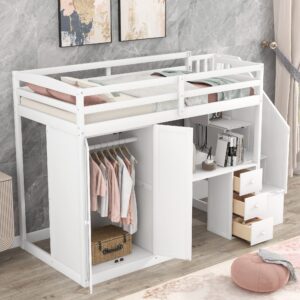 White Twin Loft Bed with Stairs and Desk, Wooden Twin Loft Bed with Wardrobe and Storage Drawers, High Loft Bed Frame for Kids, Teens, Adults Boys & Girls, Loft Bed Twin with Storage