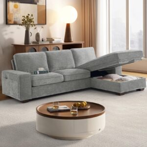 easeland 101“ convertible sectional sofa, 3-seat l shape couch for living room, chenille modern comfy sofa with reversible storage chaise for bedroom, deep seat sofa with removable cover (grey)