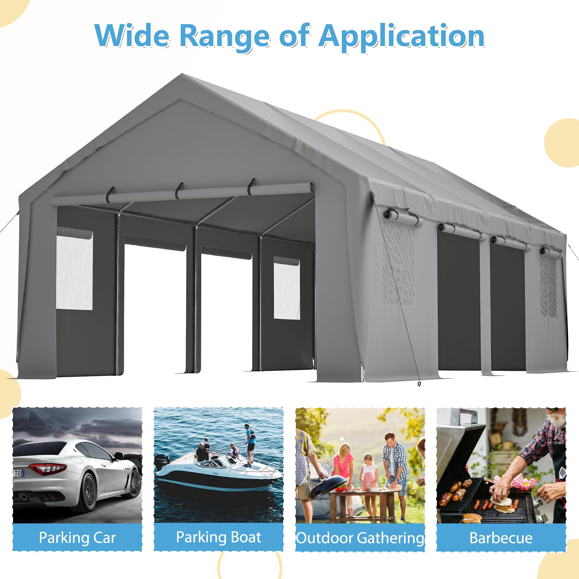 Jaxilyn Carport 13x25ft Portable Garage Car Canopy Heavy Duty Car Port with Mesh Windows and Removable Sidewalls UV Resistant Waterproof All-Season Tarp for SUV,Boat,Car, Truck Gray