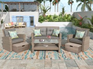 merax gray 4 piece outdoor conversation rattan wicker furniture sectional sofa set with ottoman cushions