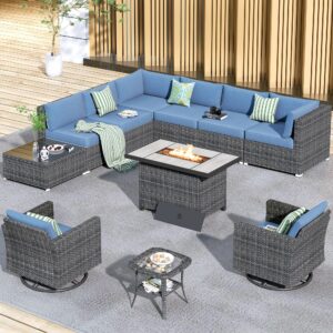 hooowooo 11 piece patio sectional furniture set with fire pit table,modern wicker outdoor conversation sofa sets,weather resistant modular l shaped outside couch swivel chair set(denime blue)