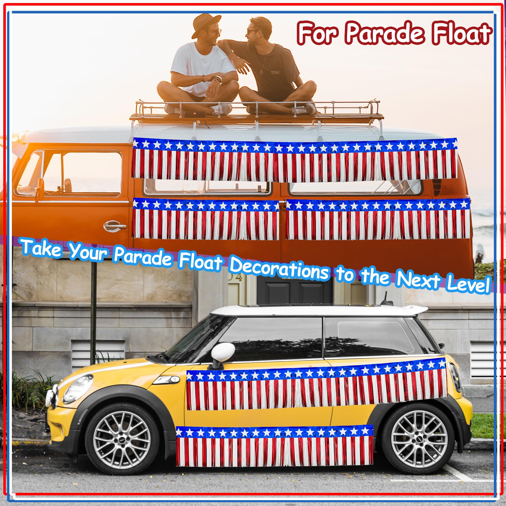 4 Pack Parade Floats Foil Fringe, Each 10 ft x 15'' American Flag Stripes and Stars Tinsel Patriotic foil Fringe Garland for 4th of July Trailer Car Graduation Homecoming Party (4 Pack)…