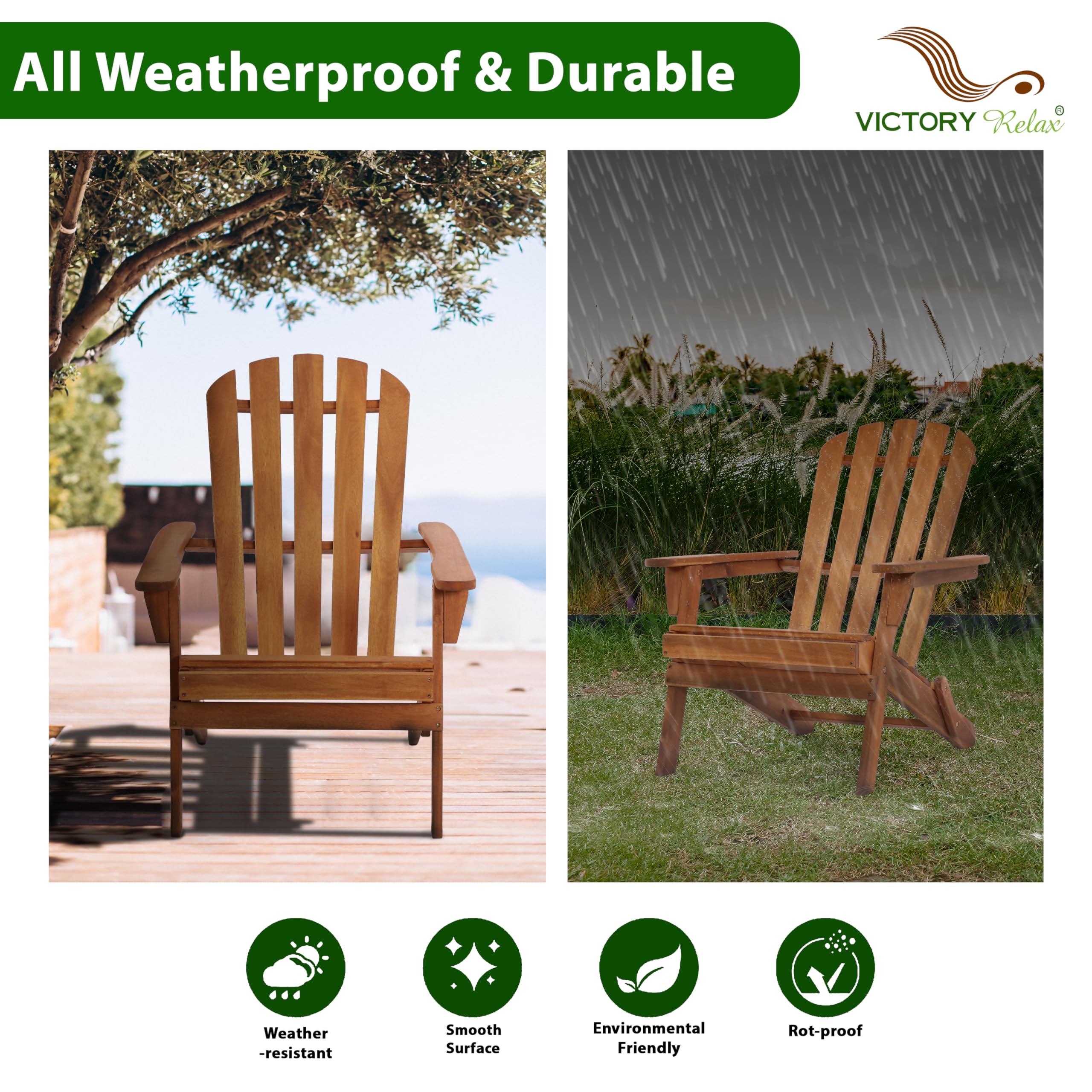 VICTORY RELAX Collapsible Adirondack Chair, 440 LBS Ergonomic Wooden Patio Armchairs with Waterproof and UV Protection Coating, Recliner Chair for Deck, Lawn, Backyard, Garden, Poolside, Fire Pit