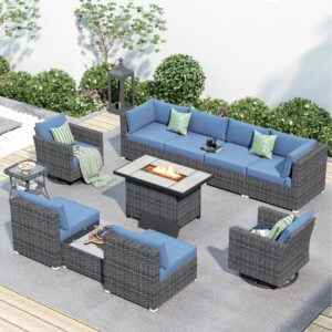 HOOOWOOO 11 Piece Patio Sectional Furniture Set with Fire Pit Table,Modern Wicker Outdoor Conversation Sofa Sets,Weather Resistant Modular L Shaped Outside Couch Swivel Chair Set(Denime Blue)