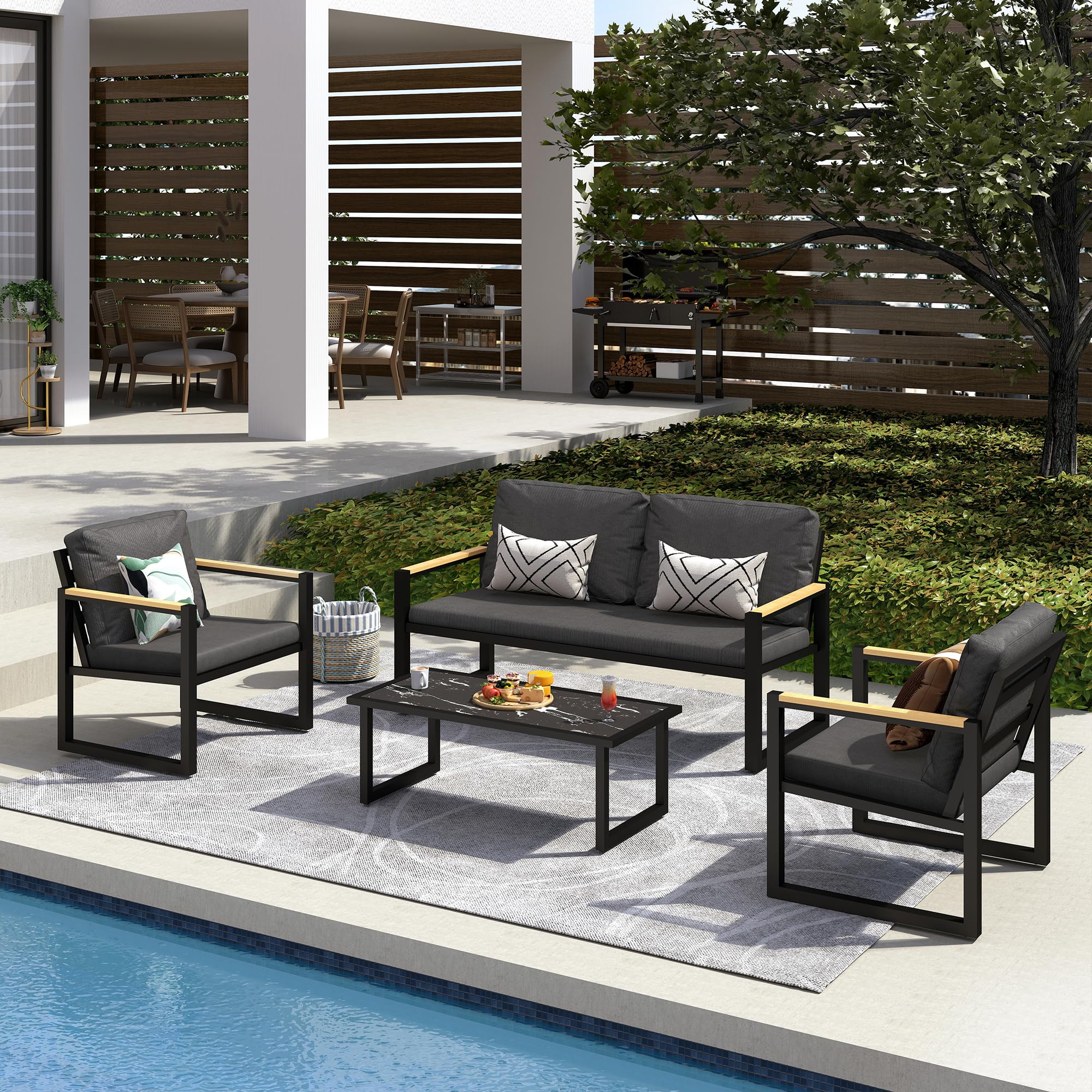 GARTOO 4-Piece Patio Furniture Set, Outdoor Aluminum Conversation Sofa Sets with Coffee Table & Cushions Chairs - Perfect for Garden, Backyard, Porch, Lawn, Poolside, Deck