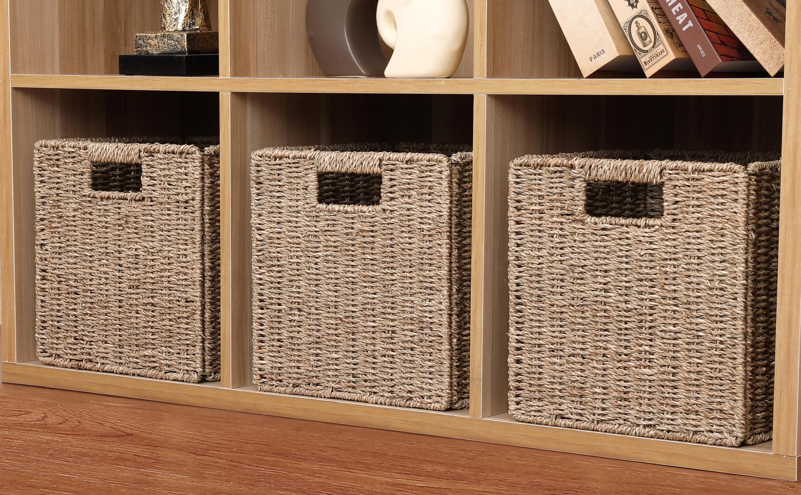 11x11x11in Seagrass Storage Baskets, Woven Baskets for Storage, Large Cube Wicker Storage Basket for Shelves Set of 3, Wicker Storage Basket, Bedroom, Living Room