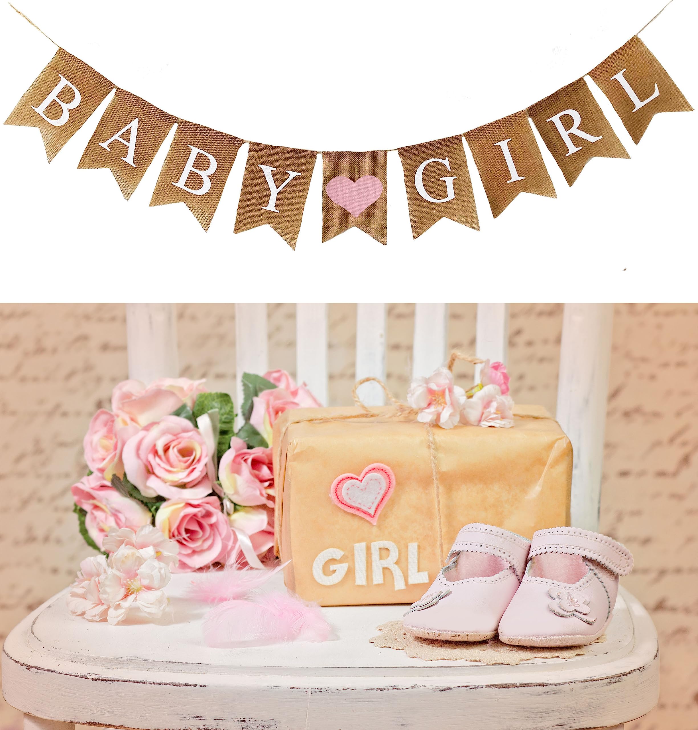 Shimmer Anna Shine Baby Girl Burlap Banner for Baby Shower Decorations and Gender Reveal Party (Light Pink Heart)