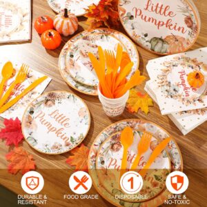 Dandat 350 Pcs Baby Shower Plates Set Baby Shower Party Supplies Serves 50 Tableware Sets Include Plates Napkin Cup Forks Knives Spoons Disposable Dinnerware for Boy Girl(little pumpkin)