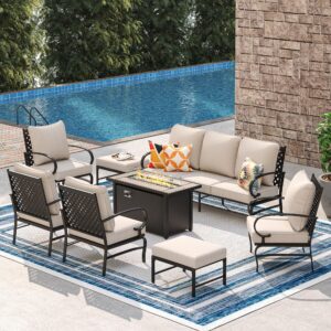 vicllax 8 pieces patio furniture set with 45-inch firepit,outdoor furniture of 3-seater sofa, 4 patio single sofas and marble top fire pit table with 2 ottomans for backyard deck and garden