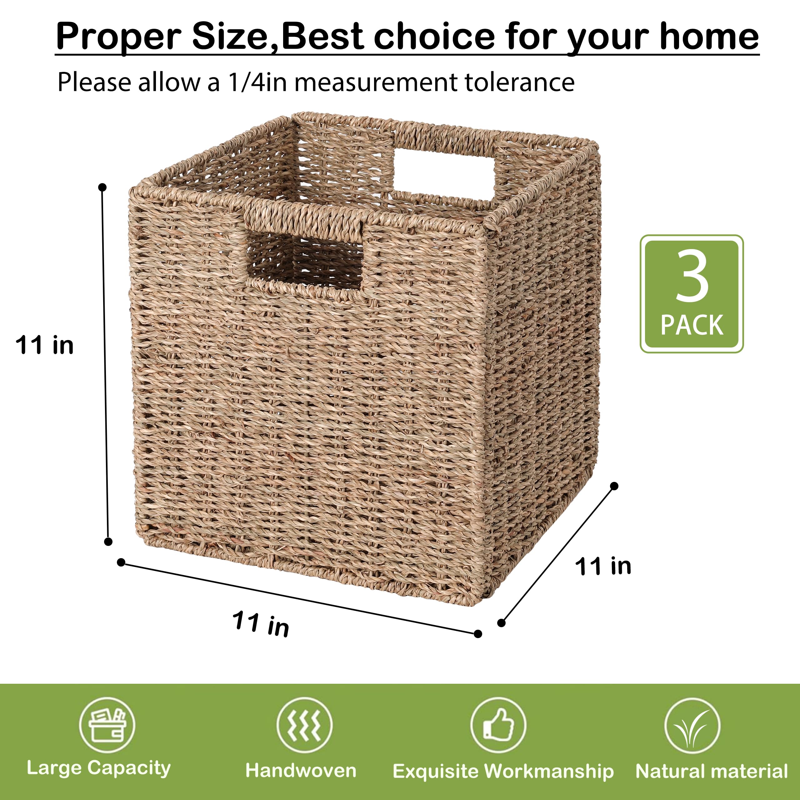 11x11x11in Seagrass Storage Baskets, Woven Baskets for Storage, Large Cube Wicker Storage Basket for Shelves Set of 3, Wicker Storage Basket, Bedroom, Living Room