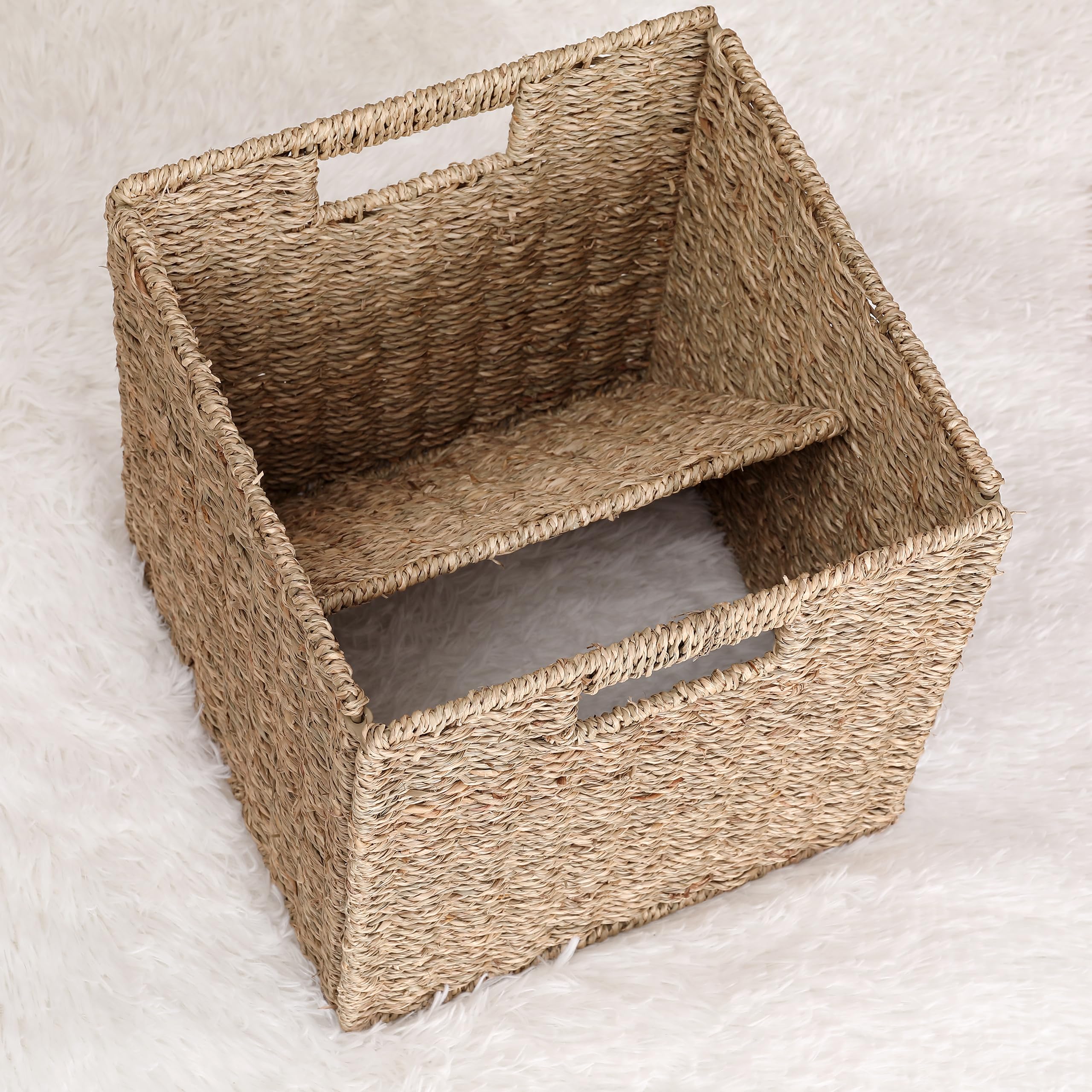 11x11x11in Seagrass Storage Baskets, Woven Baskets for Storage, Large Cube Wicker Storage Basket for Shelves Set of 3, Wicker Storage Basket, Bedroom, Living Room