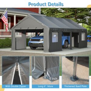 Jaxilyn Carport 13x25ft Portable Garage Car Canopy Heavy Duty Car Port with Mesh Windows and Removable Sidewalls UV Resistant Waterproof All-Season Tarp for SUV,Boat,Car, Truck Gray