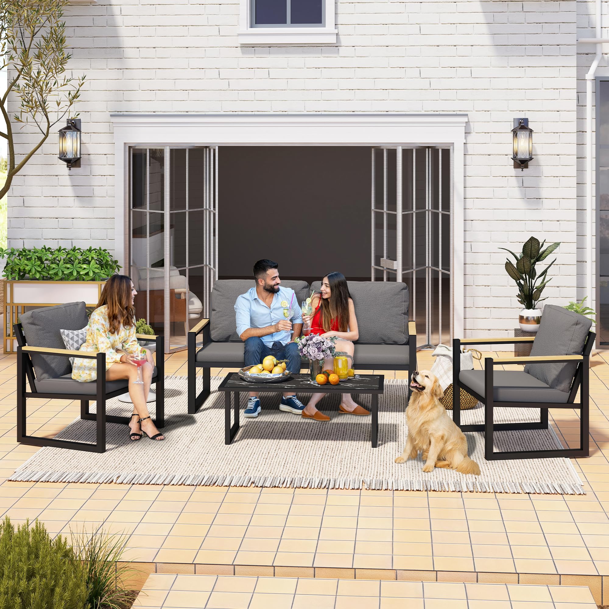 GARTOO 4-Piece Patio Furniture Set, Outdoor Aluminum Conversation Sofa Sets with Coffee Table & Cushions Chairs - Perfect for Garden, Backyard, Porch, Lawn, Poolside, Deck