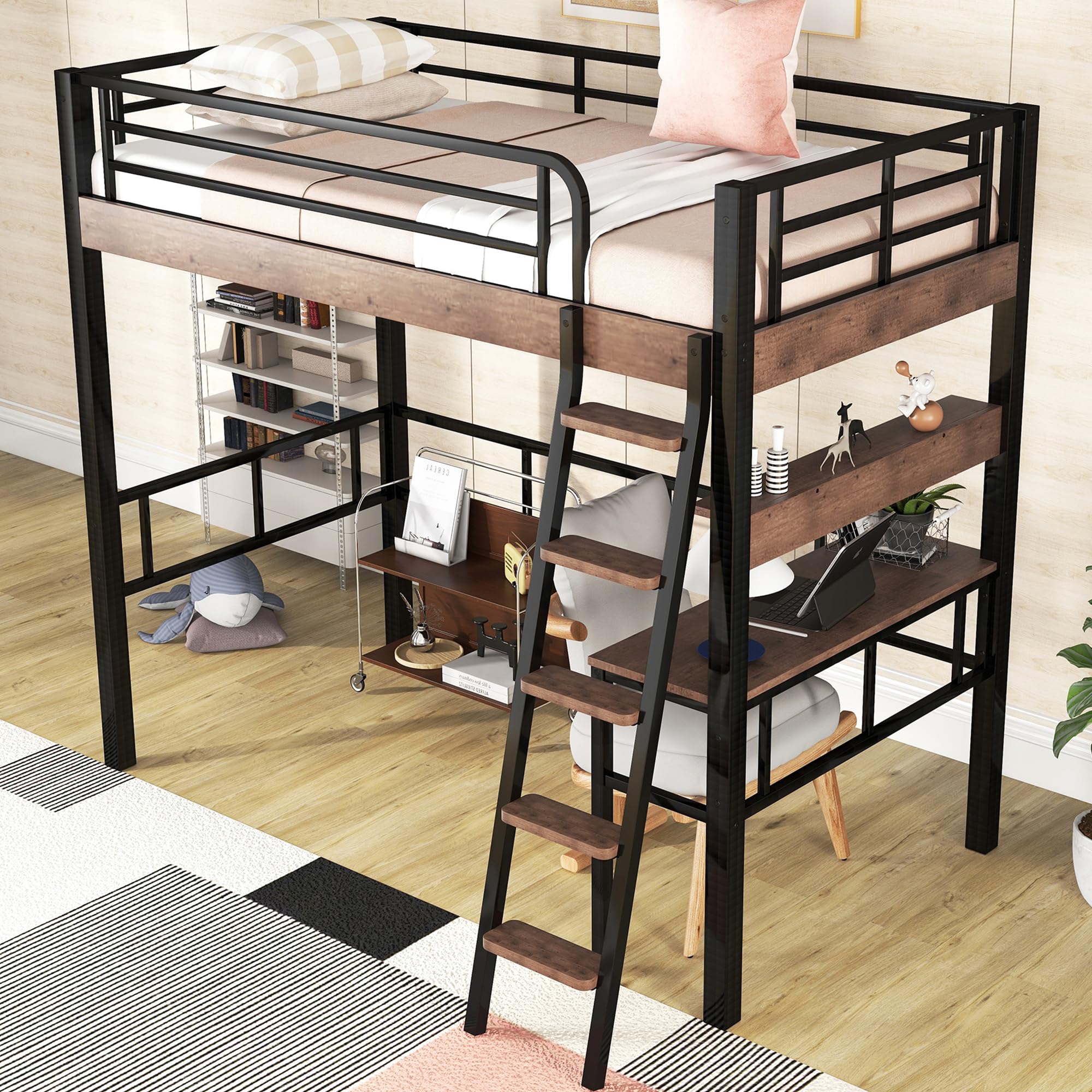 Twin Loft Bed with Desk and Storage Shelf, Metal Loft Bed Twin Size with Wider Ladder and Full Length Guardrail, Twin Size Loft Bed for Kids, Teens, Twin Loft Bed Black+Natural