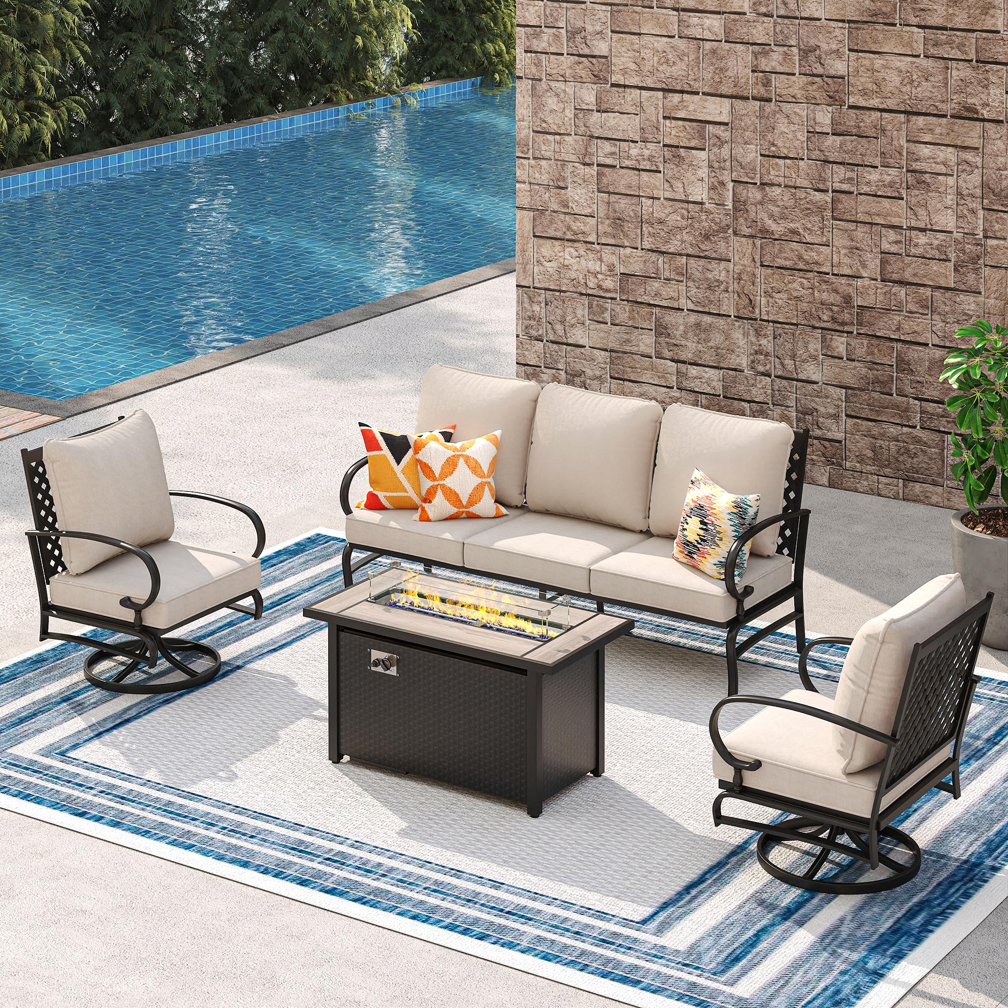 VICLLAX 4 Pieces Patio Furniture Set with 45-inch Fire Pit Table, Outdoor Conversation Set of 3-Seater Sofa, 2 Patio Swivel Sofa Chair and Marble Top Firepit Table with Cushion for Deck and Garden