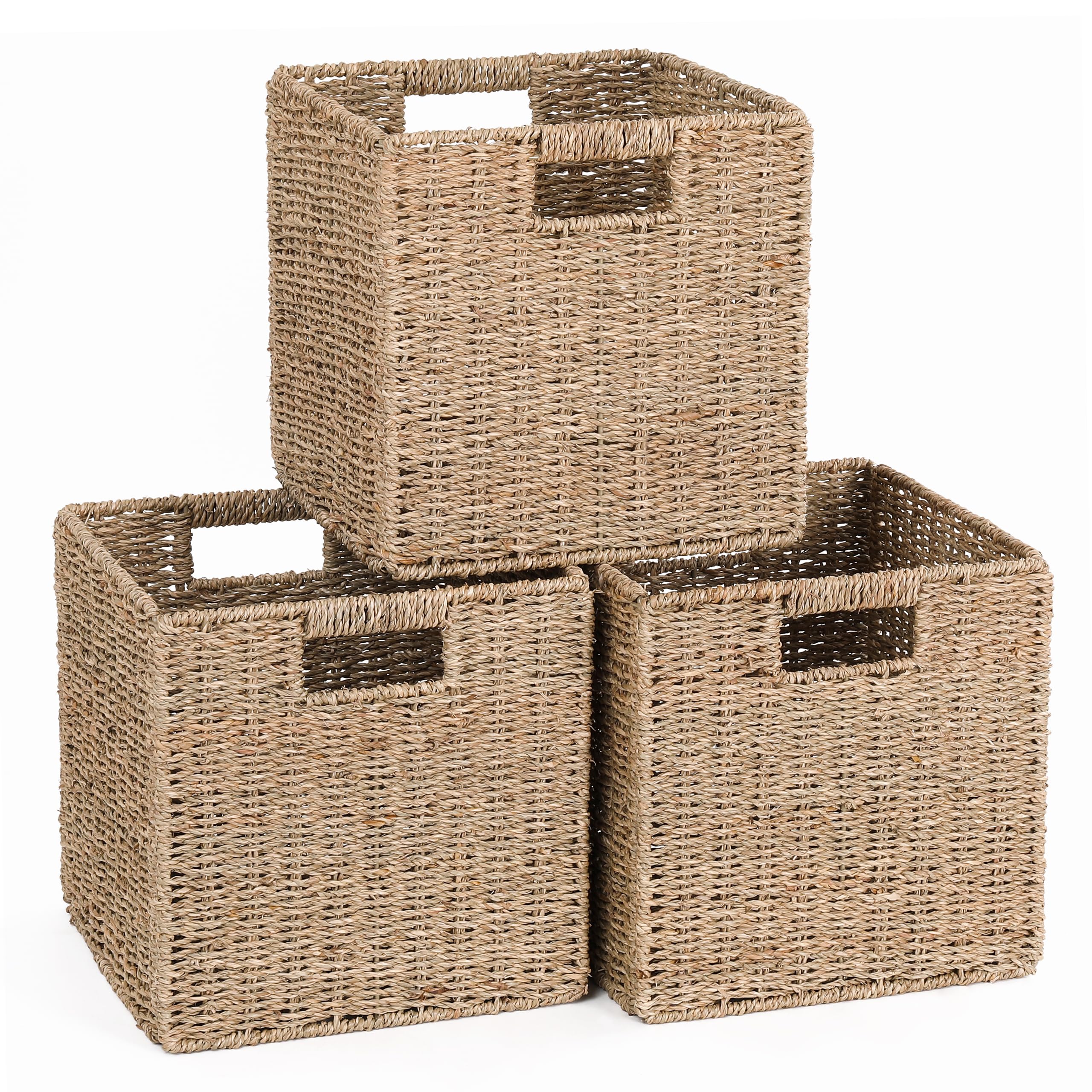 11x11x11in Seagrass Storage Baskets, Woven Baskets for Storage, Large Cube Wicker Storage Basket for Shelves Set of 3, Wicker Storage Basket, Bedroom, Living Room