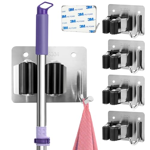 HAOYOWJY Mop and Broom Holder Wall Mount Stainless Steel 304 Tool Garage Organization Rack Screw and Self Adhesive Broom Hanger Heavy Duty 4pcs (4pcs，sliver)