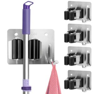 HAOYOWJY Mop and Broom Holder Wall Mount Stainless Steel 304 Tool Garage Organization Rack Screw and Self Adhesive Broom Hanger Heavy Duty 4pcs (4pcs，sliver)