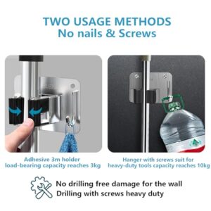 HAOYOWJY Mop and Broom Holder Wall Mount Stainless Steel 304 Tool Garage Organization Rack Screw and Self Adhesive Broom Hanger Heavy Duty 4pcs (4pcs，sliver)