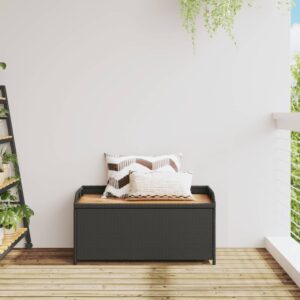 vidaXL Outdoor Storage Bench - Black Poly Rattan & Acacia Wood with Water-Resistant Storage Bag, 39.4"x19.7"x20.5"