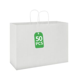 bagmad 50 pack 16x6x12 inches white kraft paper bags with handles bulk, large recycled paper bags, gift bags, grocery bags, retail bags, shopping bags, merchandise bags for small business