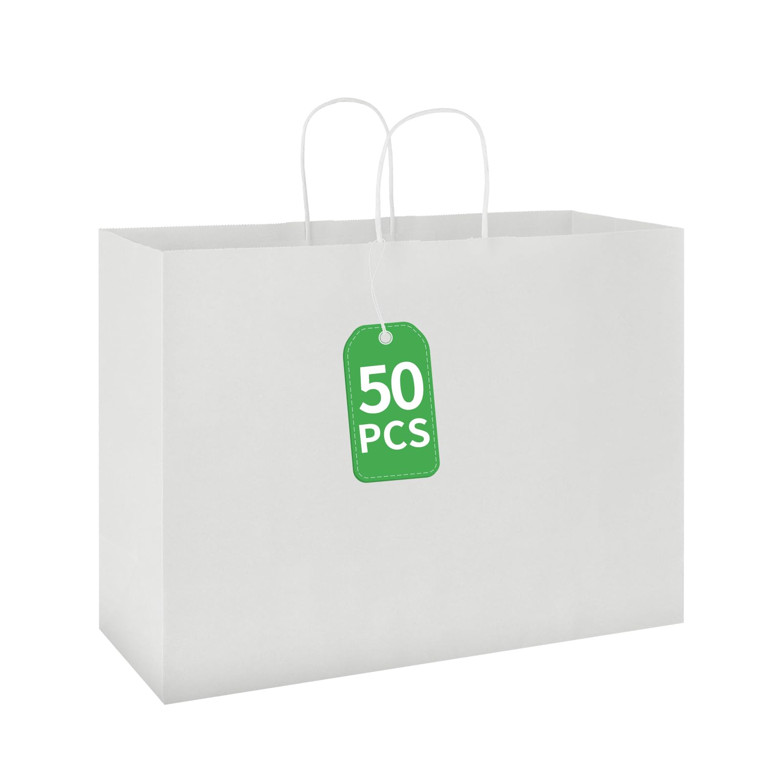 bagmad 50 Pack 16x6x12 Inches White Kraft Paper Bags with Handles Bulk, Large Recycled Paper Bags, Gift Bags, Grocery Bags, Retail Bags, Shopping Bags, Merchandise Bags for Small Business