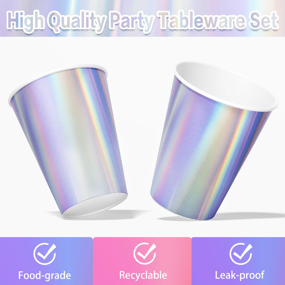 202Pcs Iridescent Party Plates Nanpkins Birthday Party Supplies Iridescent Paper Tableware Set witch Disposable Tablecloths for Mermaid Birthday Wedding Party Decorations Serve 25