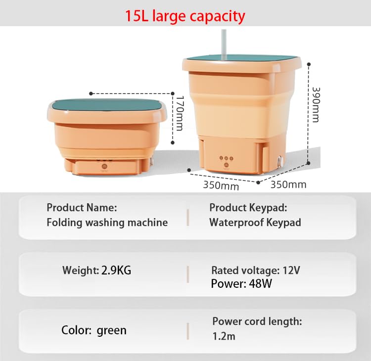 AMZTEMU 15L Portable washer machine, Mini washing machine portable washer for Underwear, Baby Clothes, or Small Items, for Apartments, Camping, Travel -U.S. Power(Green)