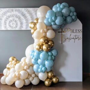 First Communion Dusty Blue Balloon Garland Arch Kit, Boys God Bless Confirmation Baptism Decoration, Mist Blue Gold White Balloons with Cross Dove Foil Balloon Birthday Party Christening