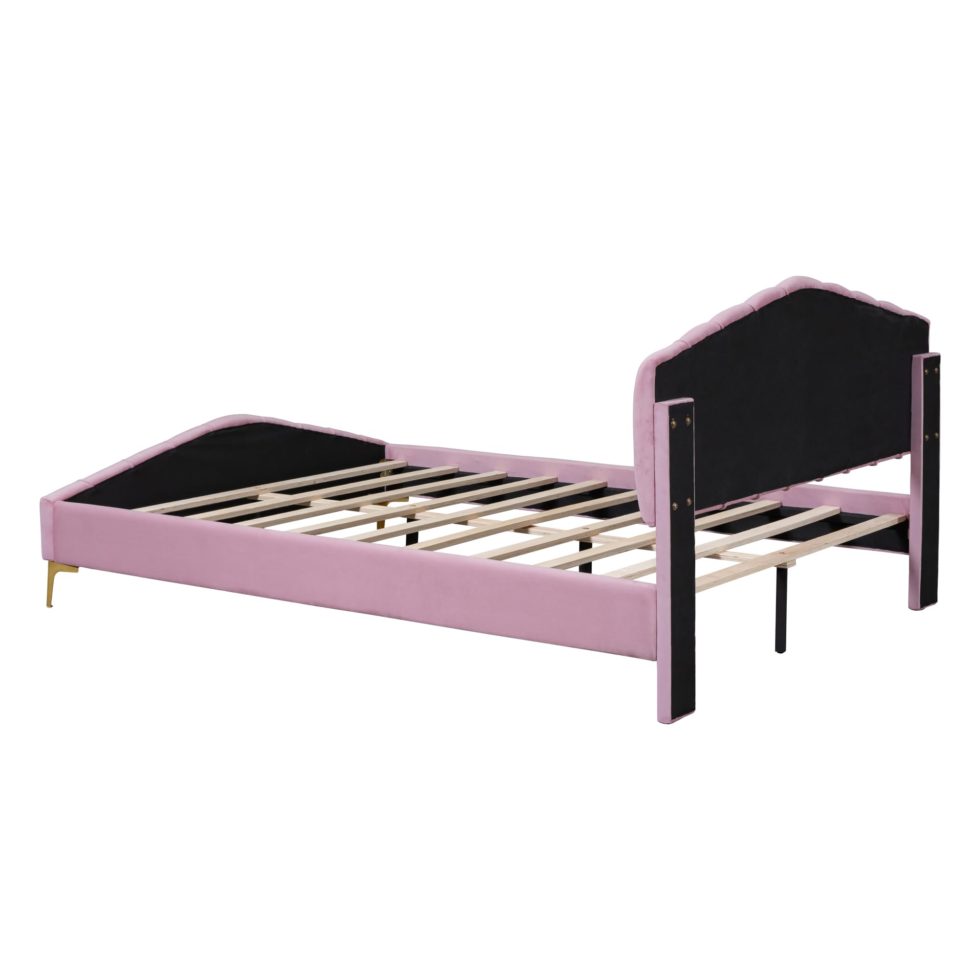 FAVSH Queen Size Velvet Platform Bed with Thick Fabric,Channel headboard and Elegant Metal Beds Leg,Bedroom Wooden Bed Frame W/Slat Supports,for Kids Teens Adults,Pink