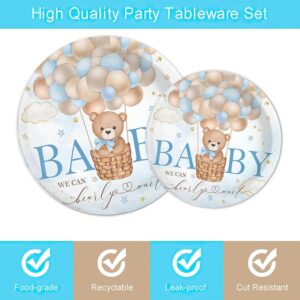 Fitumiw 96Pcs Blue Bear Baby Shower Party Tableware Supplies Bear Plates and Napkins We Can Bearly Wait Party Set Baby Shower Party Decorations for Boy Serve 24 Guests