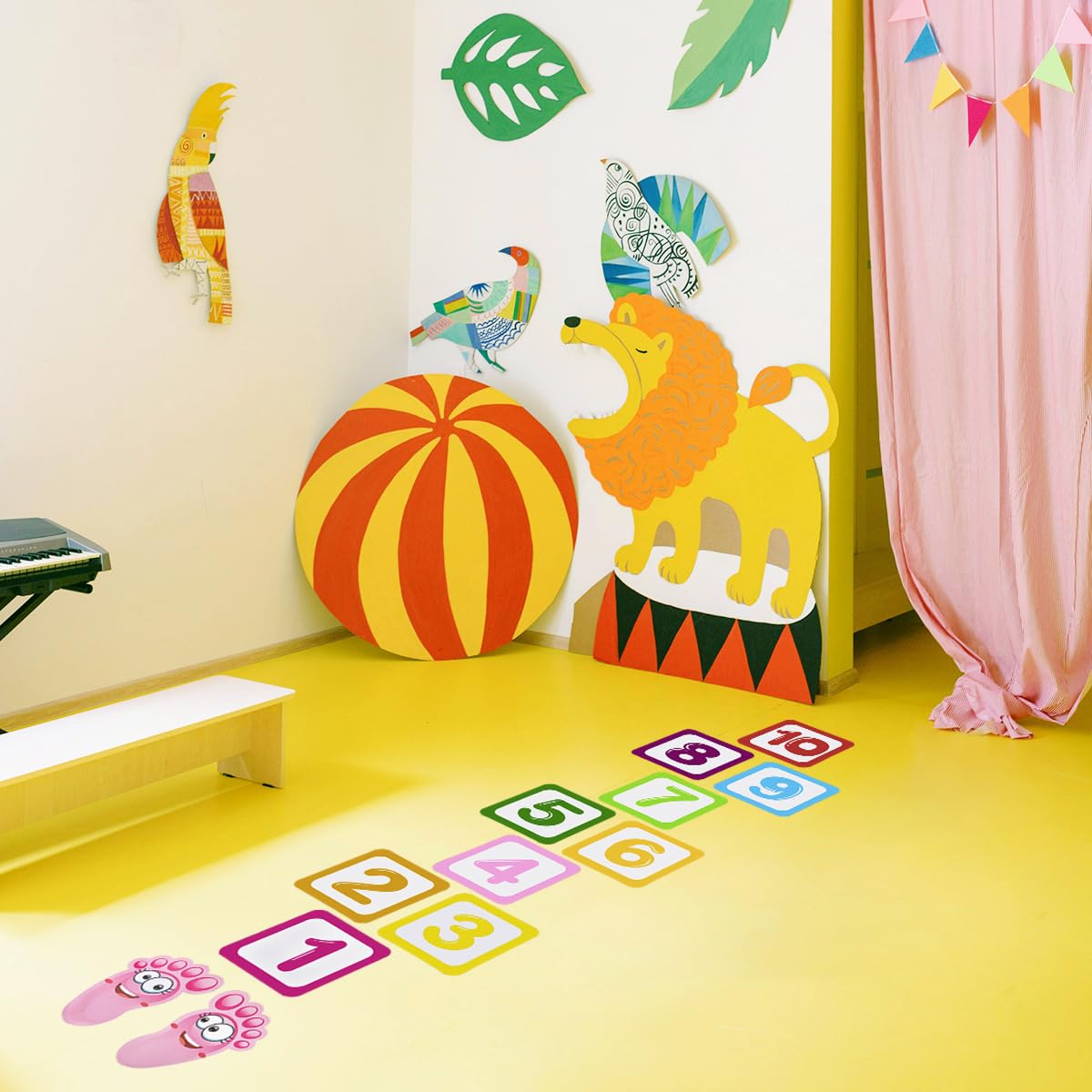 10 PCS Number Lattice Floor Sticker with 1 Pair Kids Footprint Stickers, Funny Number Hopscotch Game Floor Stickers Wall Decals for Classroom Bedroom Living Room Ground Corridor Nursery