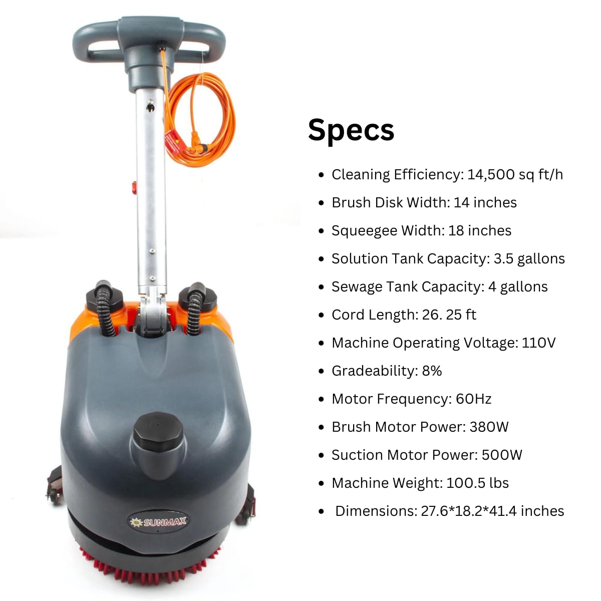 RT15AC 14“ Walk Behind Floor Scrubber Dryer Machine for Industrial Commercial Use, 26 ft Cord Offers Uninterrupted Power Supply