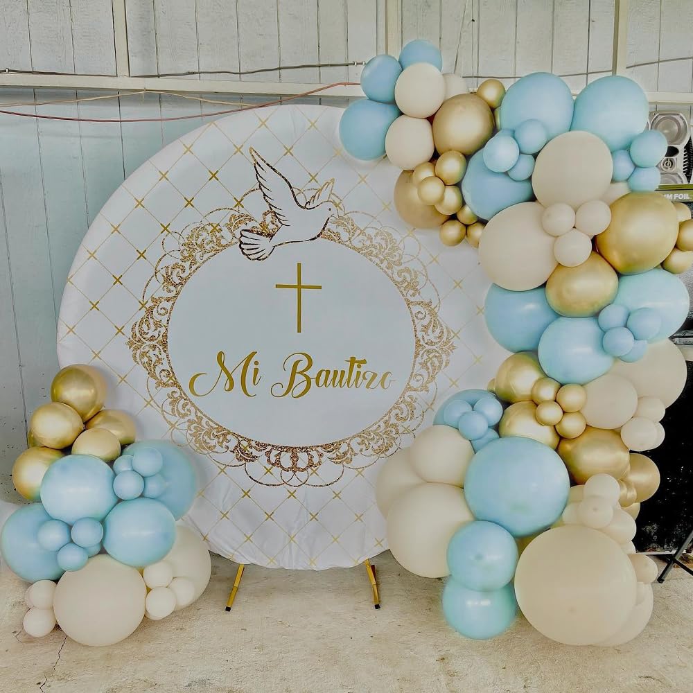 First Communion Dusty Blue Balloon Garland Arch Kit, Boys God Bless Confirmation Baptism Decoration, Mist Blue Gold White Balloons with Cross Dove Foil Balloon Birthday Party Christening