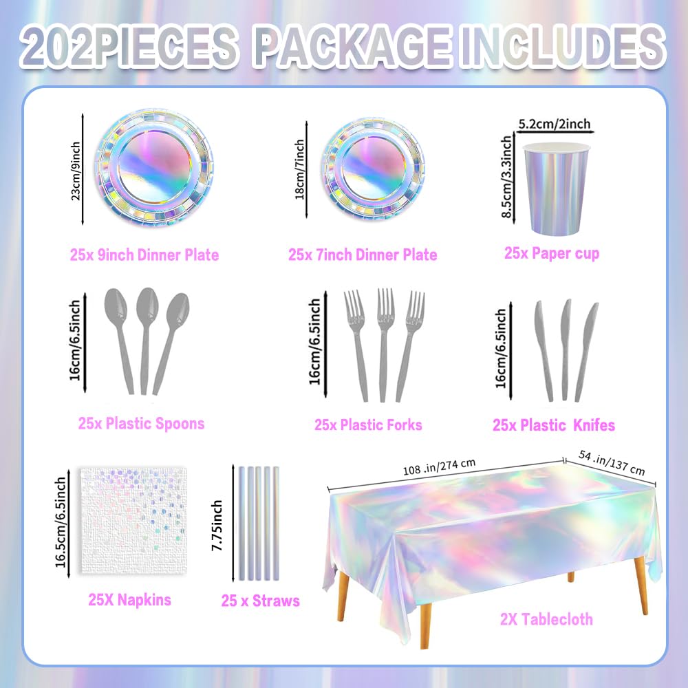 202Pcs Iridescent Party Plates Nanpkins Birthday Party Supplies Iridescent Paper Tableware Set witch Disposable Tablecloths for Mermaid Birthday Wedding Party Decorations Serve 25