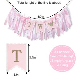 Minnie Mouse 2nd Highchair Banner - Minnie 2nd Birthday Party Decorations,Pink Gold Two High Chair Ribbon Banner,Minnie Mouse Inspired Party Supplies,Sweet Girl Second Birthday Banner Photo Props