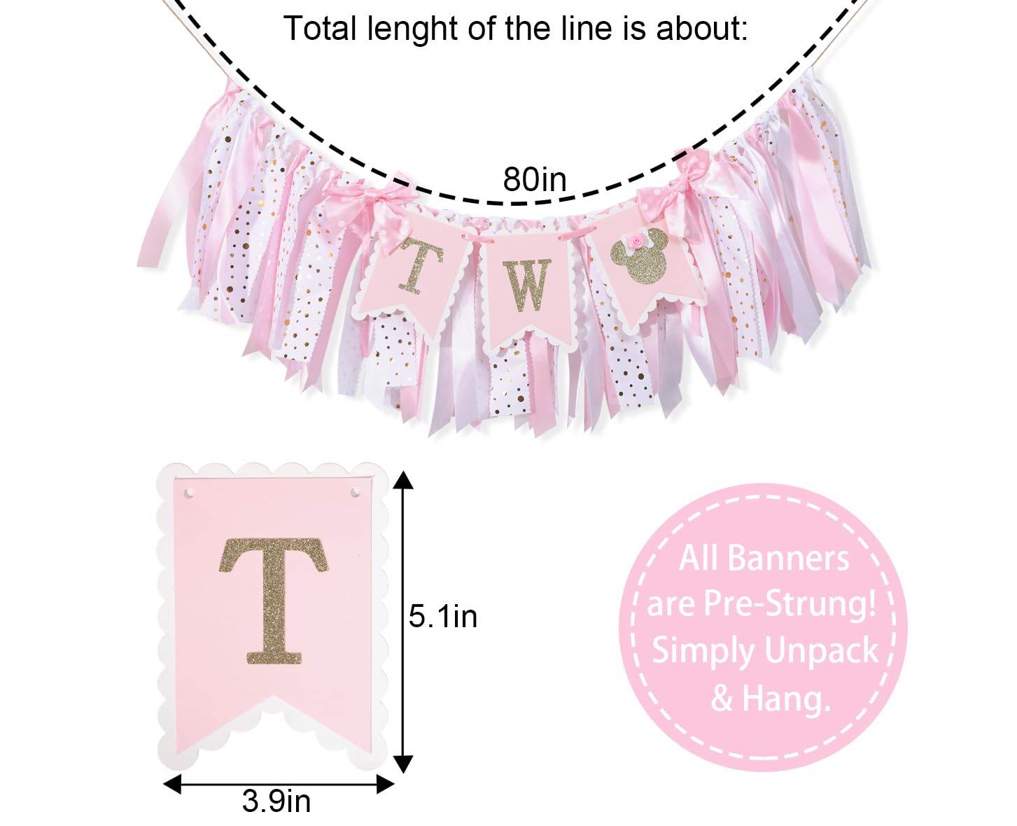 Minnie Mouse 2nd Highchair Banner - Minnie 2nd Birthday Party Decorations,Pink Gold Two High Chair Ribbon Banner,Minnie Mouse Inspired Party Supplies,Sweet Girl Second Birthday Banner Photo Props