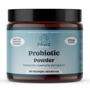 pawz probiotic powder for dogs - 90 scoops steak flavor - promotes gut health and digestion - probiotics supplement support immune system & skin and coat health - suitable for all types of dogs