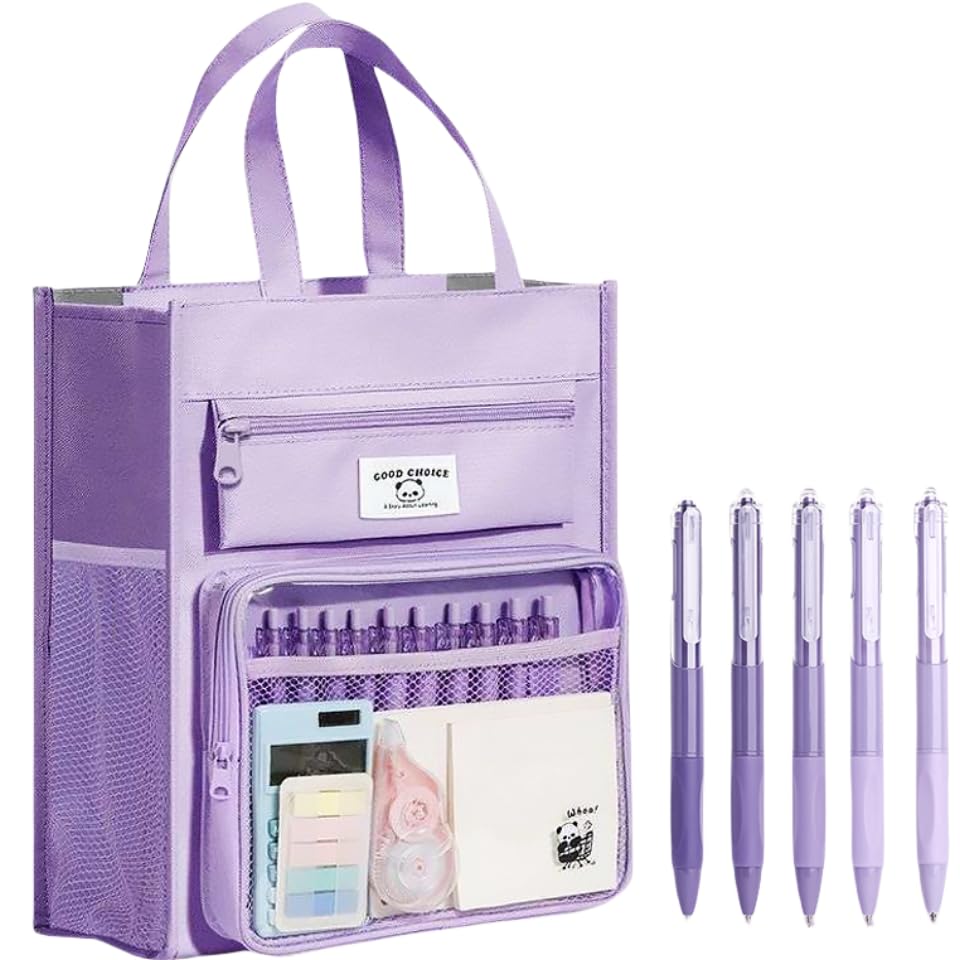 UIVXXUD Portable 8-Layer Canvas Tote Bag with Large Capacity, Ideal for Tutoring, Carrying Books, and Documents, Includes Pens and Panda Stickers (Purple)