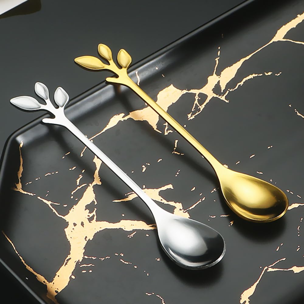 10Pcs Gold Coffee Spoons Set, 4.72inch Leaf Mini Espresso Tea Stir Spoon for Coffee Bar Charcuterie Board, Stainless Steel Small Dessert Demitasse Spoons for Sugar,Ice Cream, Cake (Heavy)