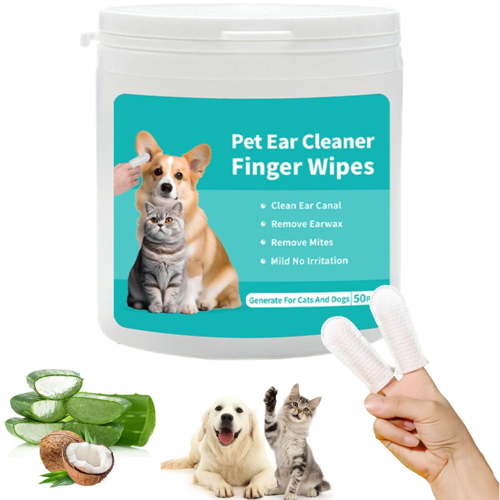 Dog Ear Cleaner Finger Wipes，Premium Ear Finger Wipes for Dogs Cats 50 Pcs Reduce Earwax Buildup Sooths Deodorizes Relieve Ear Itching Inflammation, Fresh Coconut Scent, Natural Ingredients (50 Pcs)